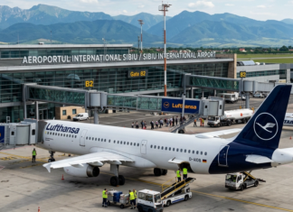 Zborurile Sibiu–München afectate de restructurările Lufthansa. Ce alternative au pasagerii Lufthansa airplane at gate B2 of Sibiu International Airport on tarmac
