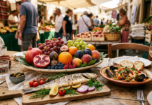 Câte porții de fructe, nuci, pește și carne ar trebui să mâncăm săptămânal pentru reducerea riscului de boli cardiovasculare? Market table with grilled fish, seafood pasta, and fresh fruit