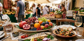 Câte porții de fructe, nuci, pește și carne ar trebui să mâncăm săptămânal pentru reducerea riscului de boli cardiovasculare? Market table with grilled fish, seafood pasta, and fresh fruit