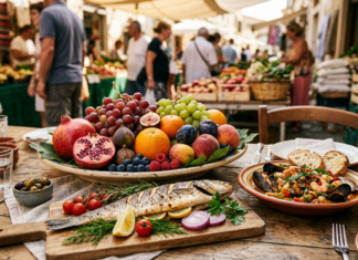 Câte porții de fructe, nuci, pește și carne ar trebui să mâncăm săptămânal pentru reducerea riscului de boli cardiovasculare? Market table with grilled fish, seafood pasta, and fresh fruit