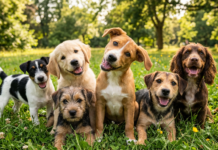 De ce își înclină cățeii capul într-o parte? Un nou studiu face o descoperire interesantă Six puppies sitting together in a sunny meadow