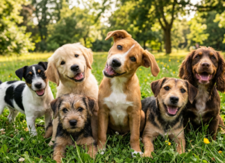 De ce își înclină cățeii capul într-o parte? Un nou studiu face o descoperire interesantă Six puppies sitting together in a sunny meadow